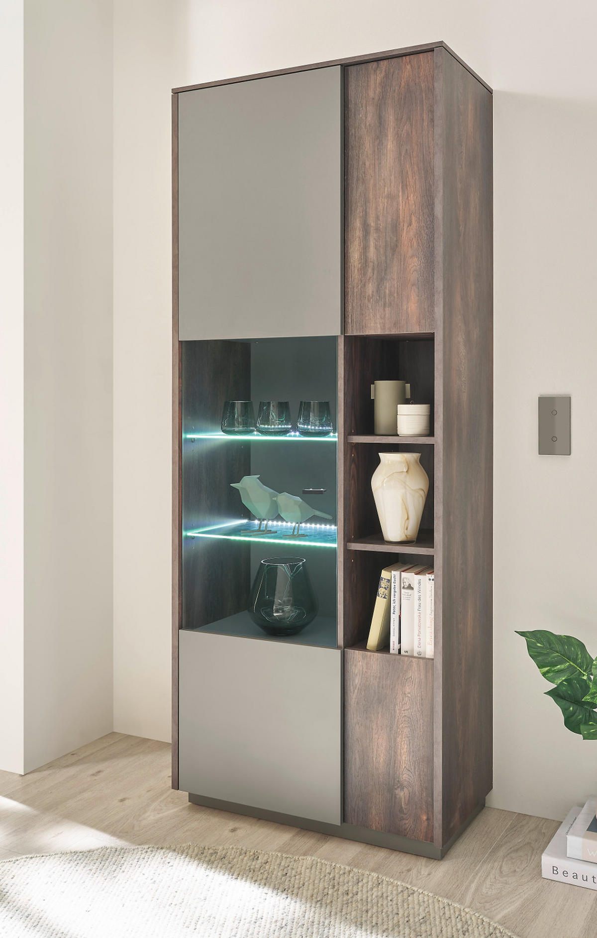 VITRINE Piano in Eiche und grau 80 x 200 cm - Eichefarben/Schwarz, Glas/Holzwerkstoff (80/200/40cm) - Furn.Design