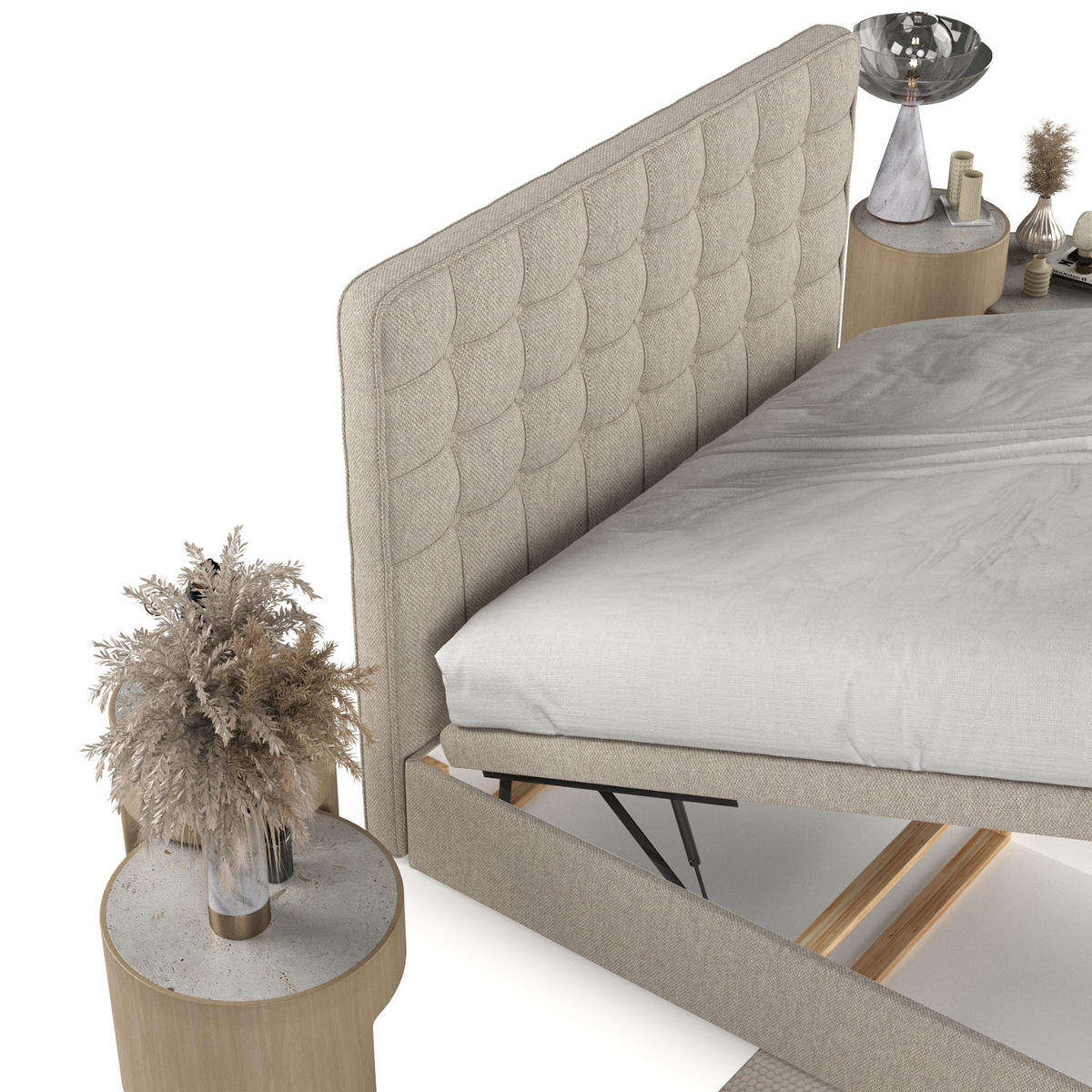 POLSTERBETT Celestia mit Stauraum 180/200 cm Hellbeige im Megan Stoff - Sandfarben/Schwarz, Holz/Holzwerkstoff (180/200cm) - AltaBeds