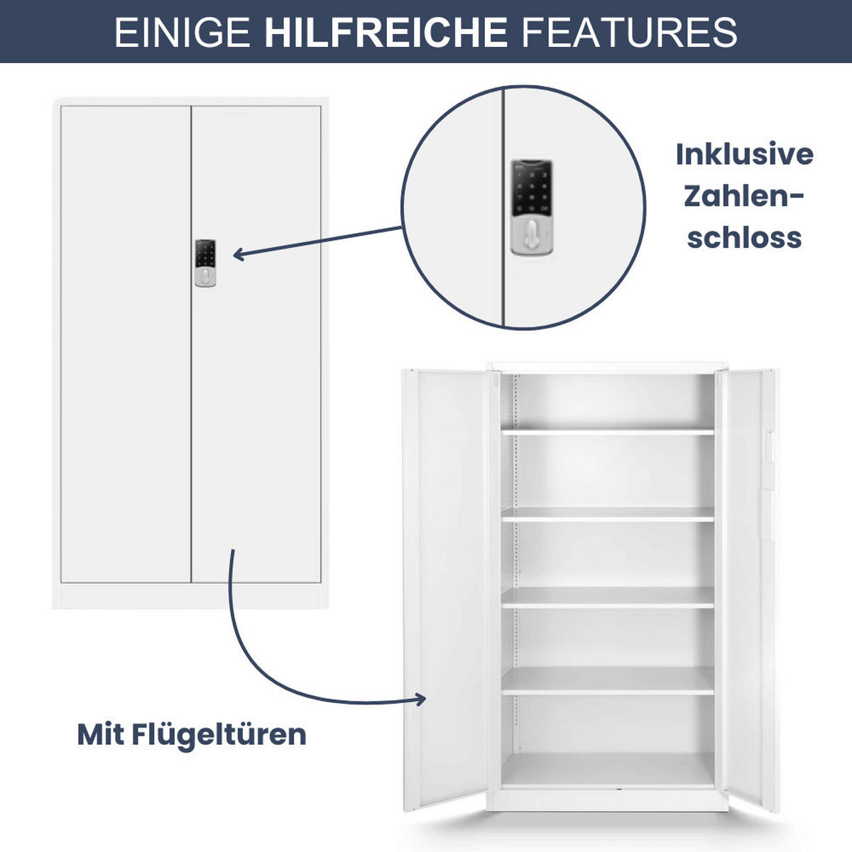 METALLSCHRANK abschließbar ODIS mit Zahlenschloss 185x90x40cm Weiß - Weiß, Metall (90/185/40cm) - DELUKE