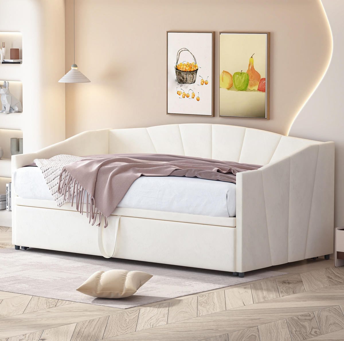 POLSTERBETT 90/200 cm aus Samt mit ausziehbarer Liegefläche Beige - Beige, Textil (90/200cm) - Modenvie