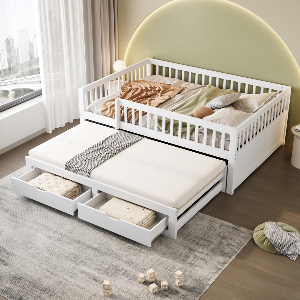MULTIFUNKTIONSBETT 140/200 cm aus Massivholz mit Sicherheitsgitter und Ausziehbett Weiß - Weiß, Holz - OKWISH