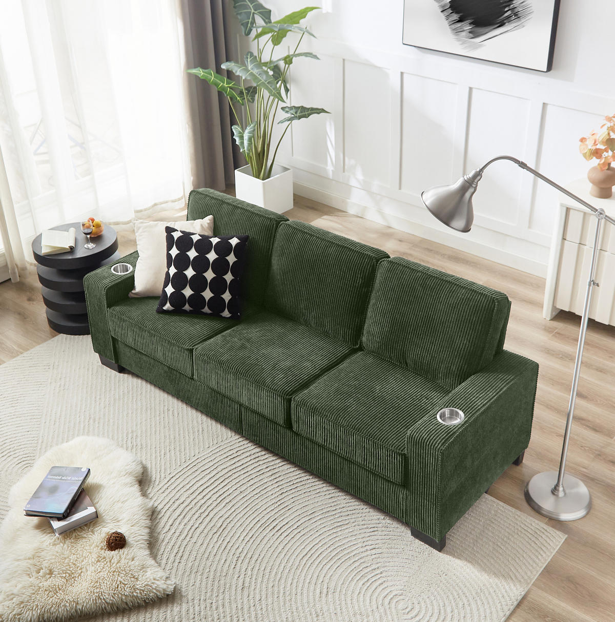 SOFA 3-Sitzer mit Getränkehaltern Cord Grün 206 cm - Grün, Holzwerkstoff (206/86/76cm) - Meubliv