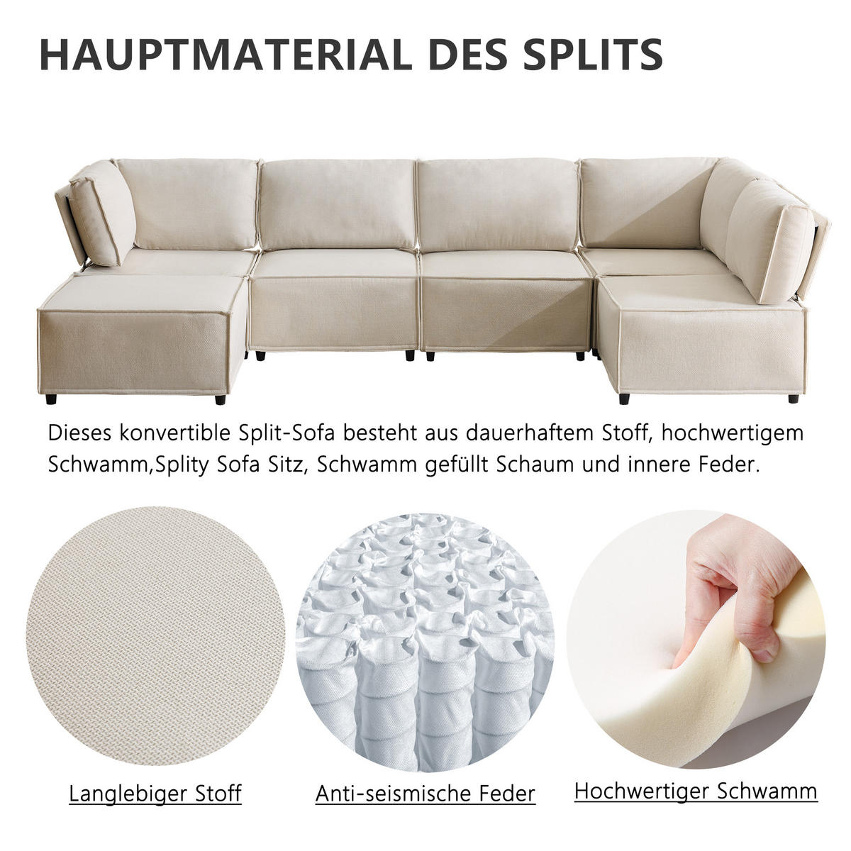 WOHNLANDSCHAFT Leinen Beige Frei kombinierbar - Beige, Holzwerkstoff/Textil (308/77/152cm) - WISHDOR