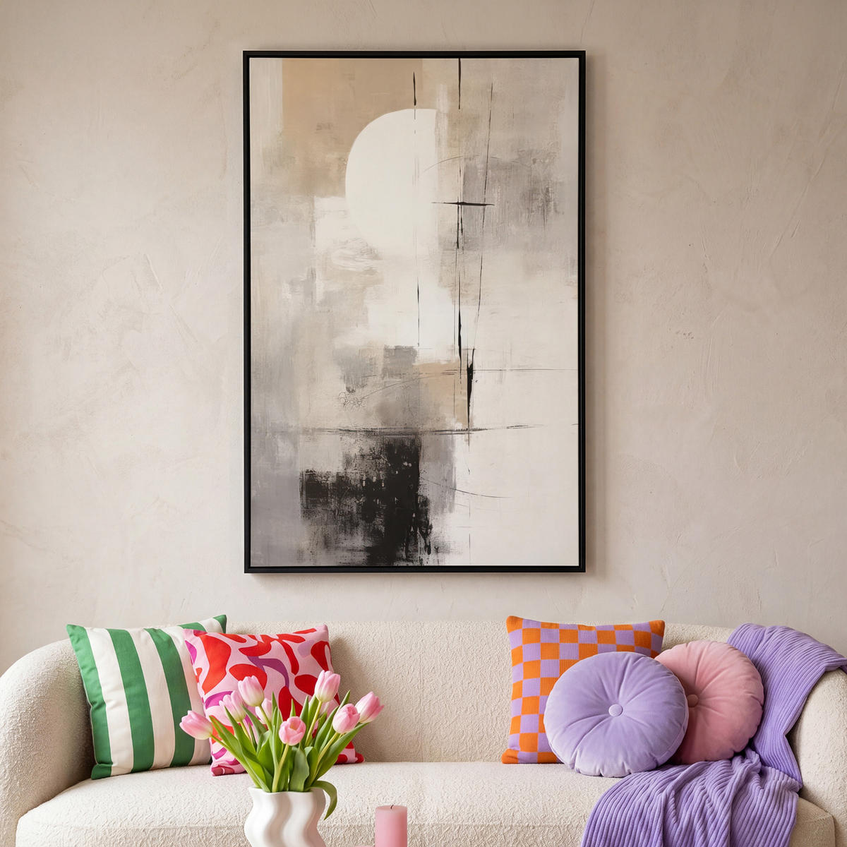 LEINWAND Bilder mit Rahmen - Abstrakt - Kunst - Grau - 80x120 - Hellgrau, Textil (80/120cm) - MuchoWow