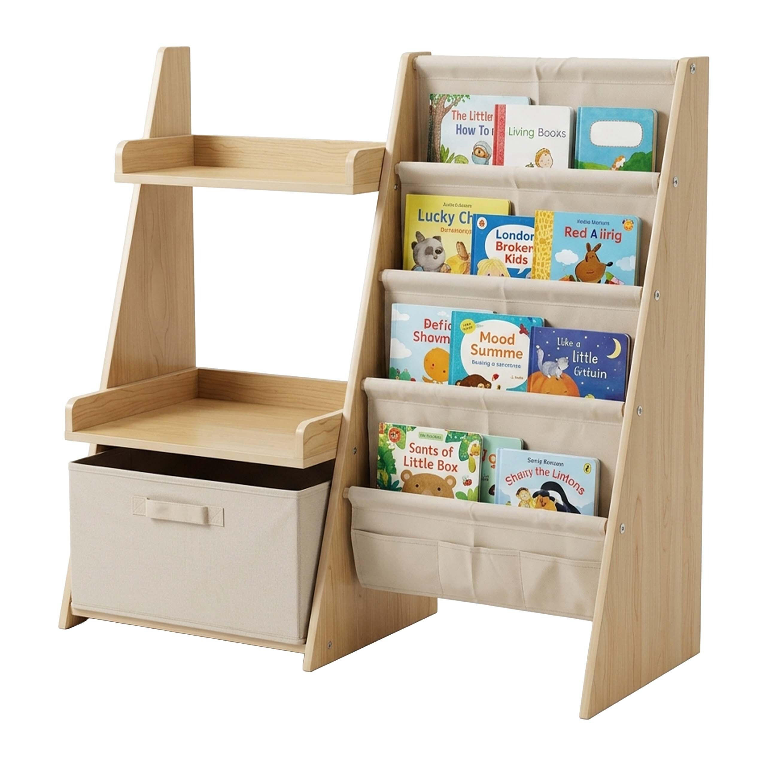 Relaxdays KNIHOVNA přírodní bílá pro děti látkové kapsy box 80 cm