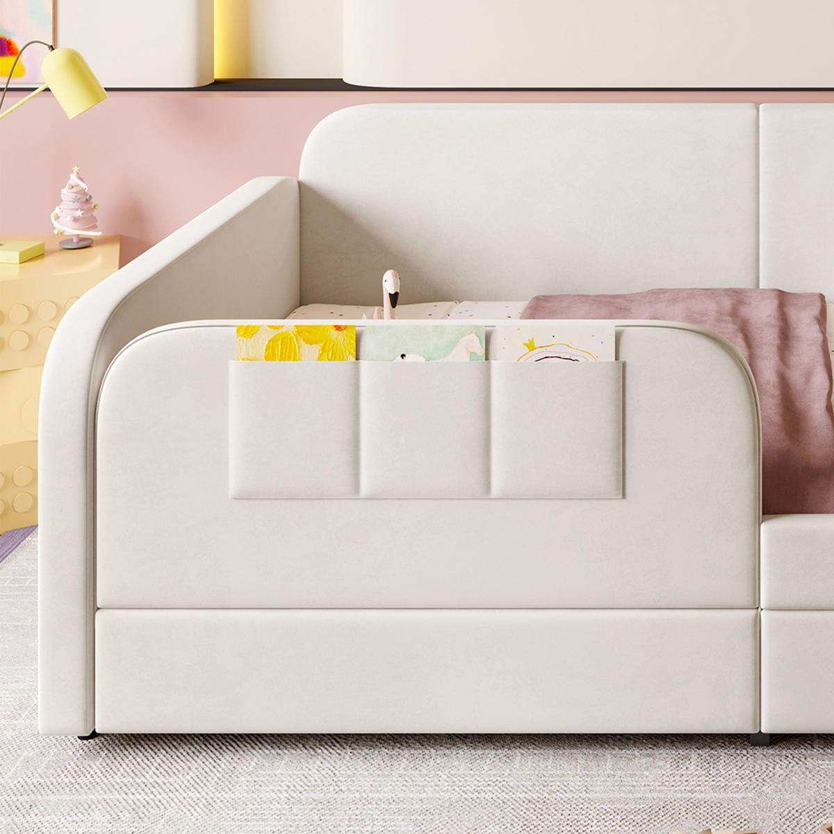 POLSTERBETT 90/200 cm Weiß mit Stauraum und erhöhtem Zaunbrett aus Samt - Weiß, Textil (90/200cm) - OKWISH