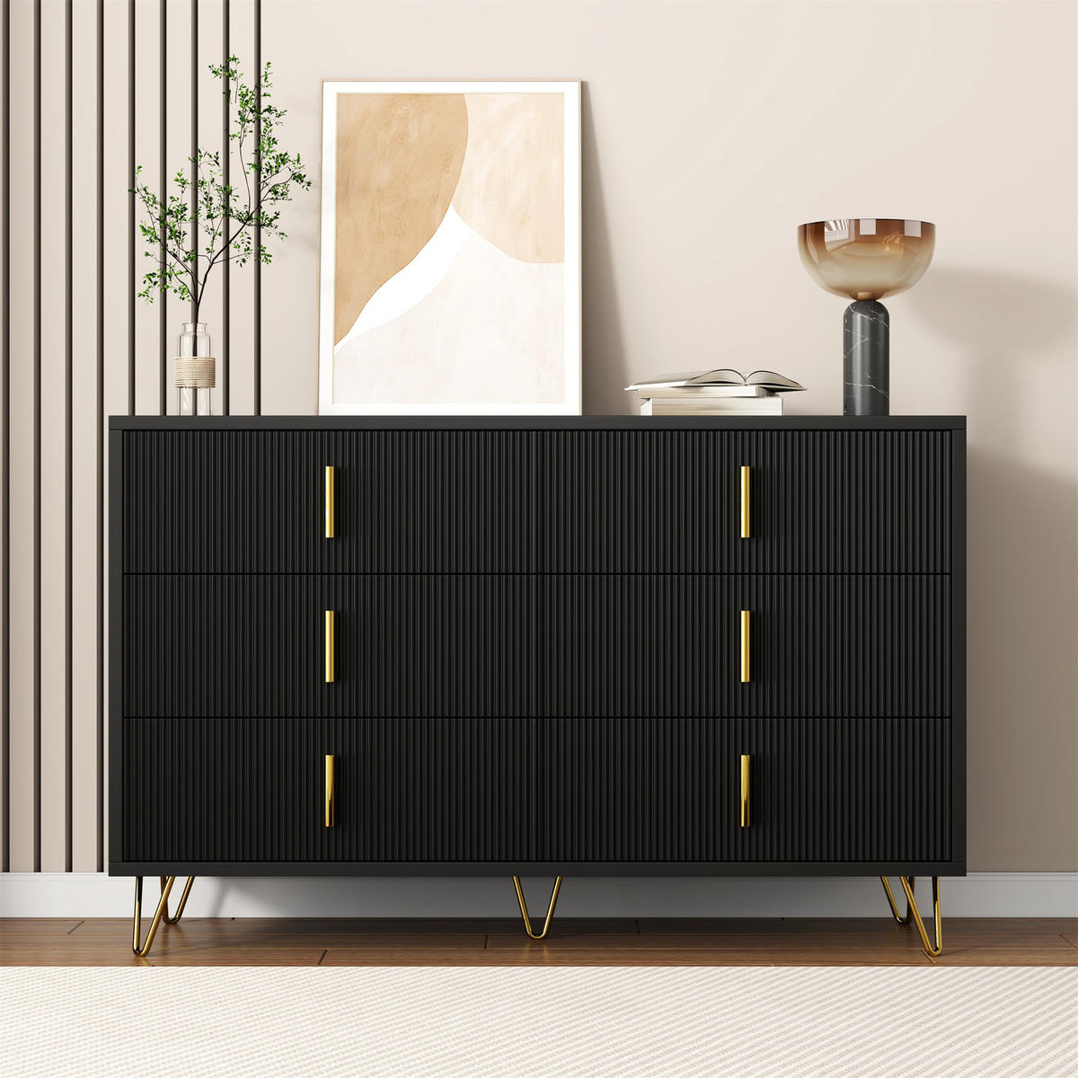 SIDEBOARD Modern Design Stauraum Goldene Griffe Kommode - Schwarz, Holzwerkstoff (40/77/120cm) - FLIEKS