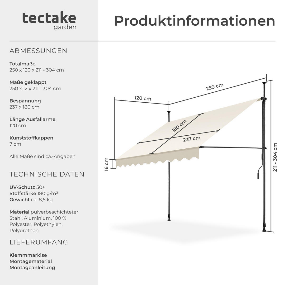 KLEMMMARKISE ,einfache Montage,beige - Beige, Kunststoff (250/304/180cm) - tectake