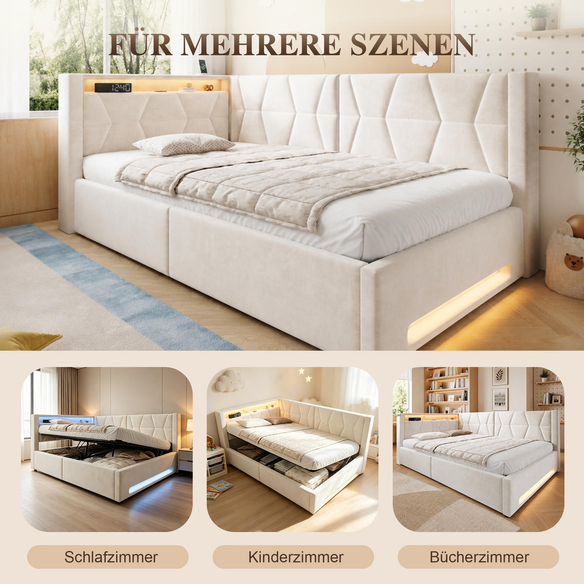 BOXBETT 90/200cm, LED/USB-C, Bettkasten, Lattenrost, Beige - Beige, Holz/Metall (90/200cm) - LVHOM
