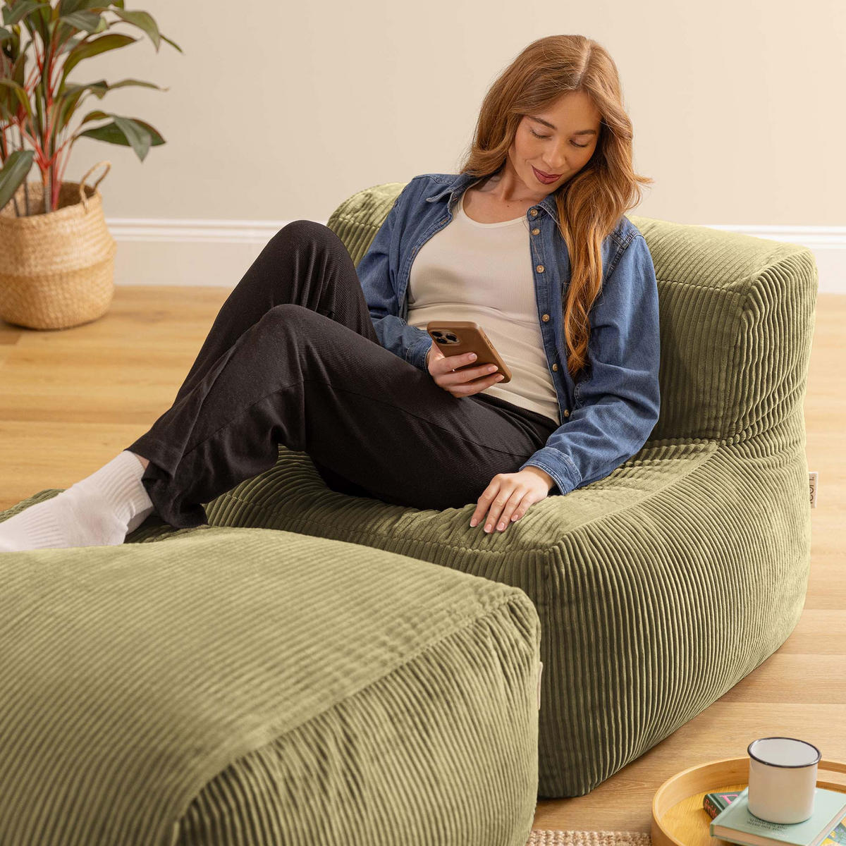 SITZSACK-SOFA 2-tlg.: Ecksessel, Fußstütze - Grün, Textil (185/46/95cm) - icon