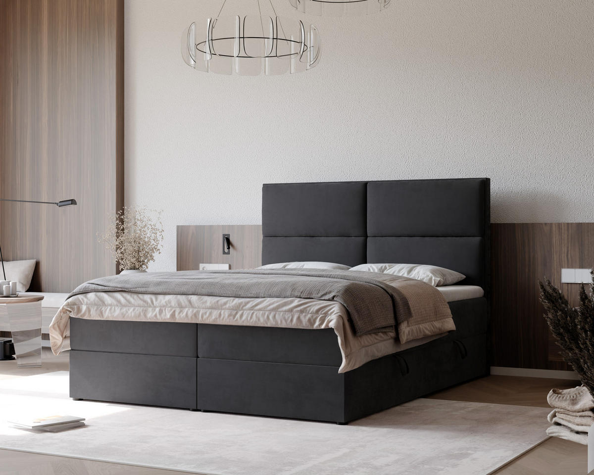 BOXBETT ORFEO 160/200 cm mit Matratze und Topper, Schwarz - Schwarz, Textil (160/200cm) - Idohome