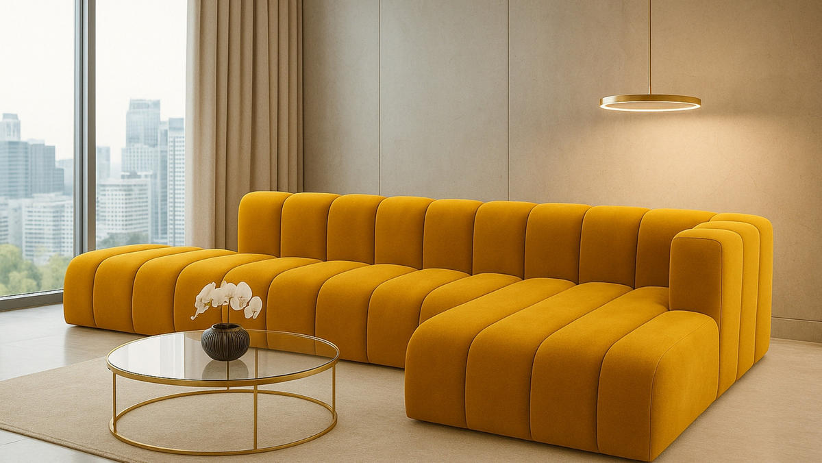 ECKSOFA Mit Hocker GRAND L, Stoff Salvador, Gelb, Rechts - Gelb, Holz (386/179cm) - Kaiser Möbel