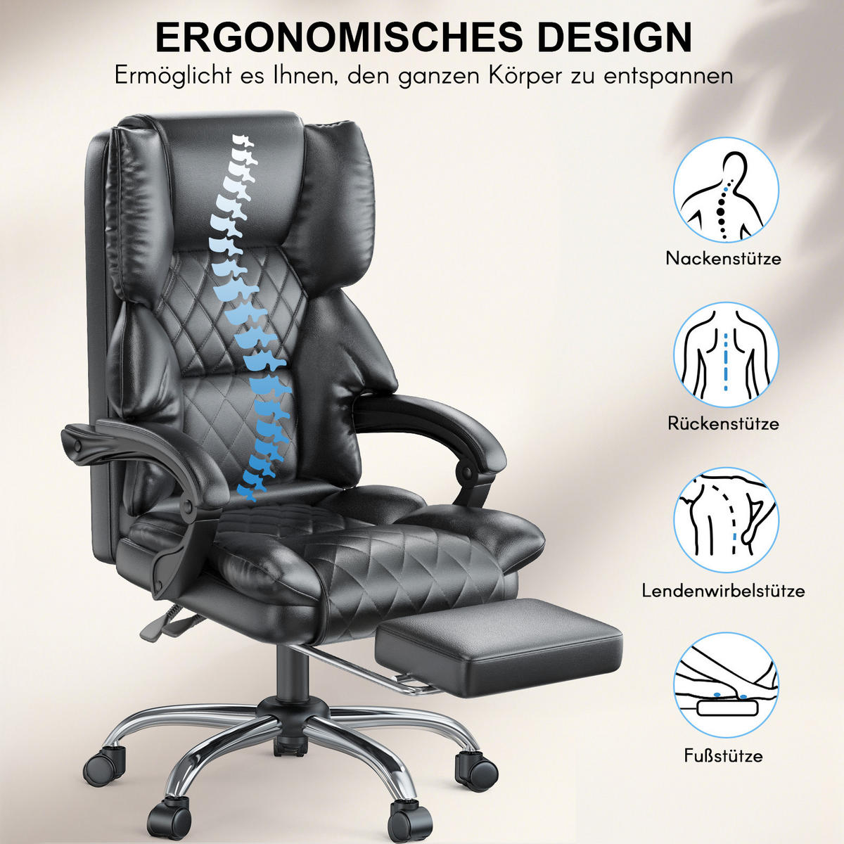 CHEFSESSEL mit Fußstütze Ergonomisch PU Leder Höhenverstellbar Schwarz - Schwarz, Leder (62/117/71cm) - Rattantree