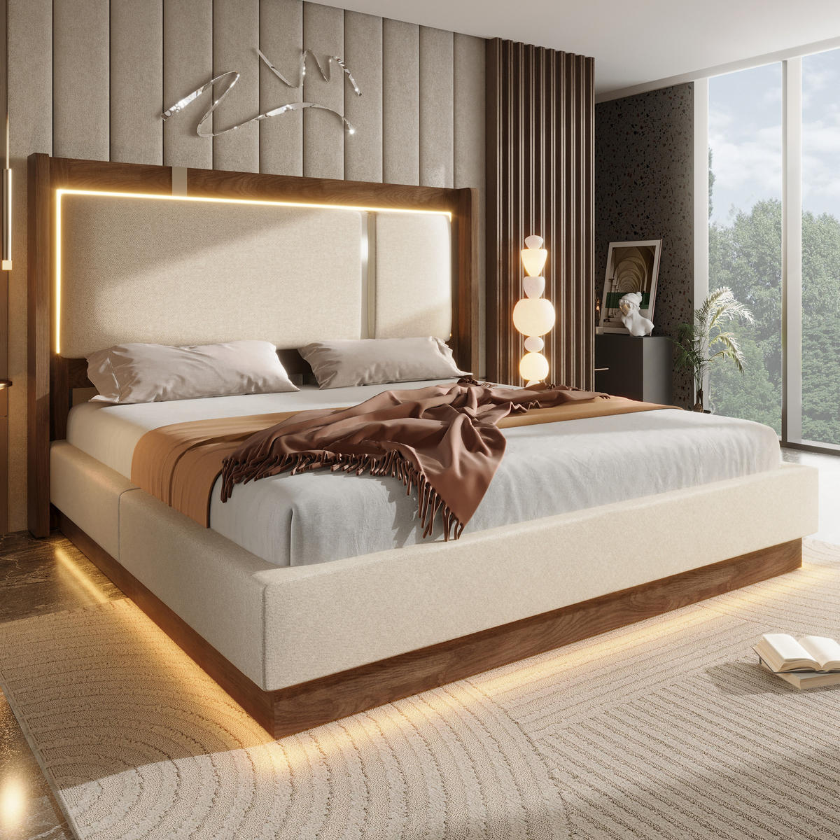 POLSTERBETT 160/200 cm in Beige Leinen mit Bettkasten, LED und Lattenrost - Beige, Holzwerkstoff/Textil (160/200cm) - WISHDOR