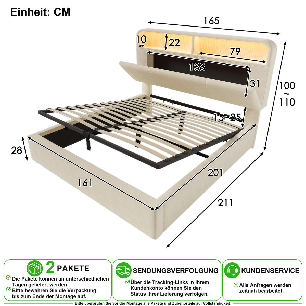POLSTERBETT 160/200 cm in Beige mit LED, USB/Type-C und Stauraum-Kopfteil aus Samt - Beige, Holzwerkstoff/Textil (160/200cm) - CHICFURN