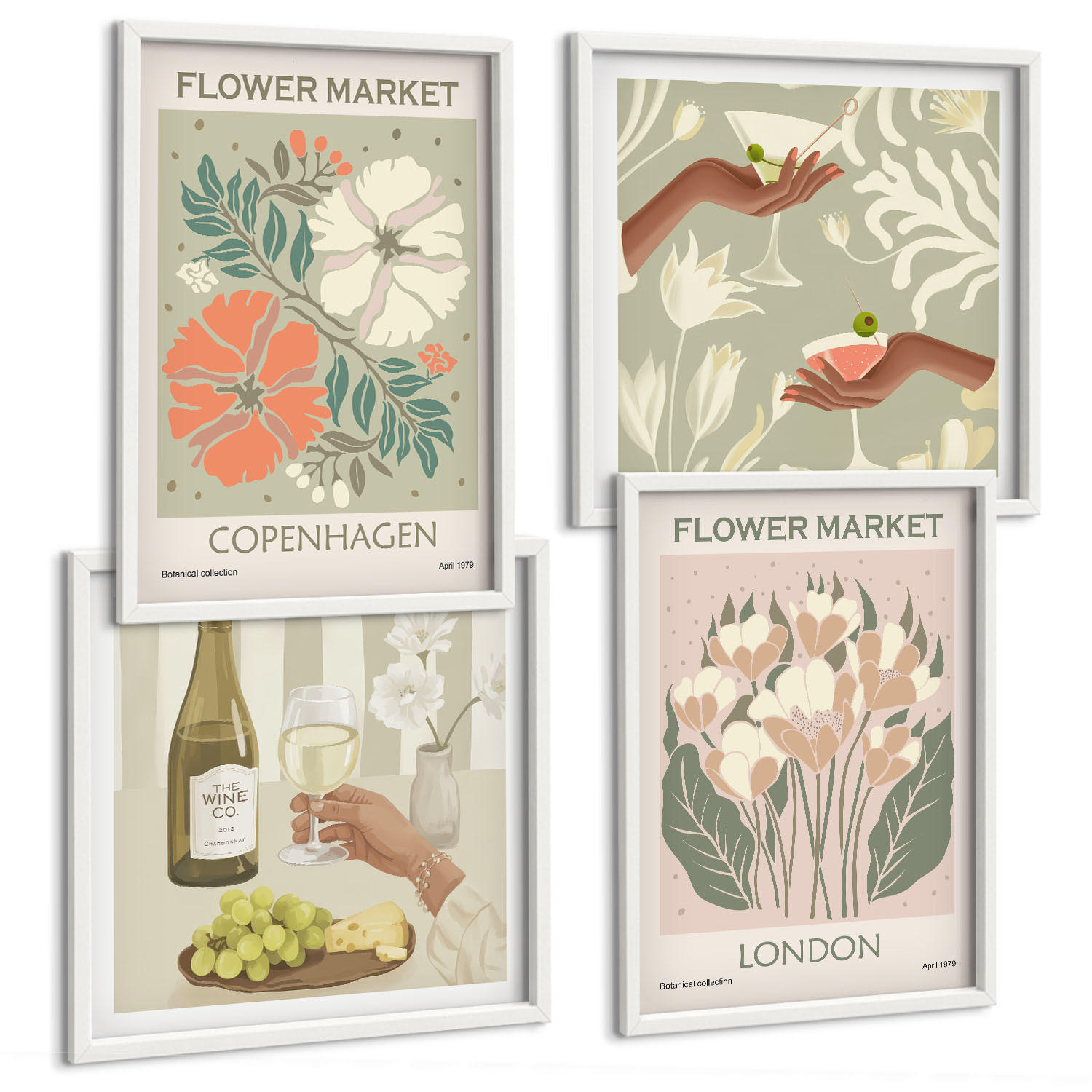 BILDER SET 4er Set - 50x50 cm & 40x60 cm Weißer Rahmen - Blumenposter Weinstadt - Weiß, Kunststoff (50/50cm) - TULUP