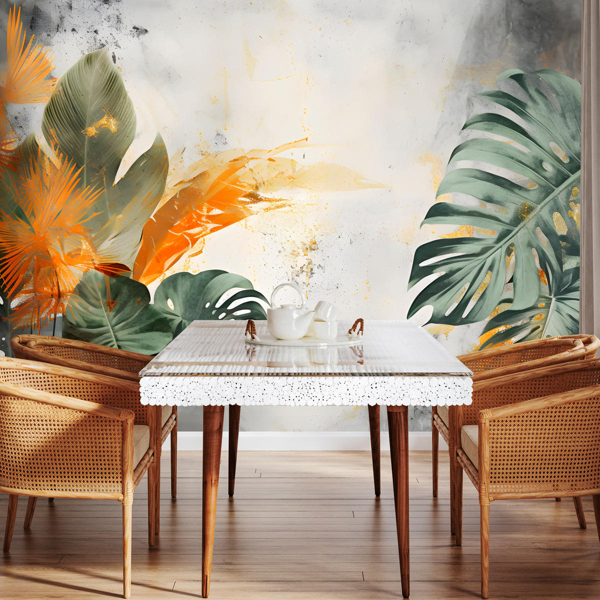 FOTOTAPETE für Schlafzimmer Tropen Monstera Beton Natur Blätter 200x140 - Beige/Orange, Papier (200/140cm) - Muralo