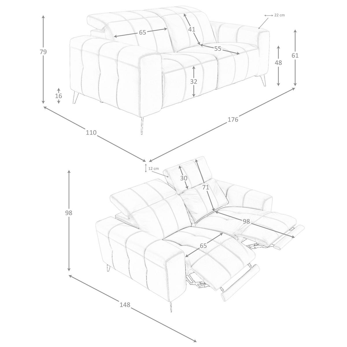 SOFA Klassisch Grau Schwarz 176/110/98 cm - Grau, Leder/Metall (176/98/110cm) - ANGEL CERDA