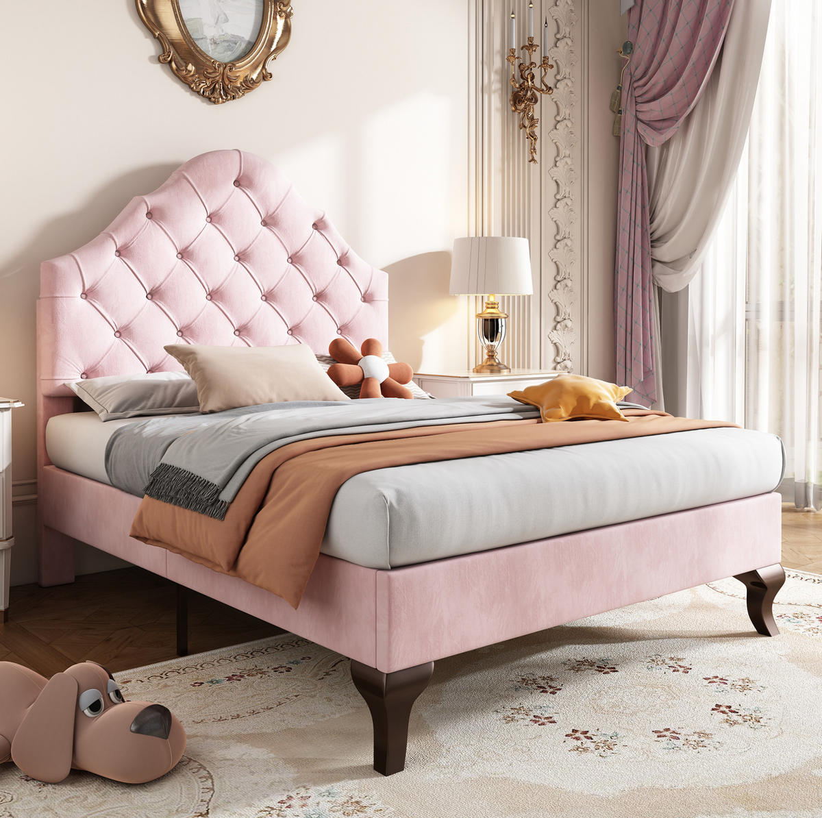 SAMT-POLSTERBETT 90/200 cm in Rosa mit Lattenrost und verstellbarem Kopfteil - Rosa, Textil (90/200cm) - BEAOK