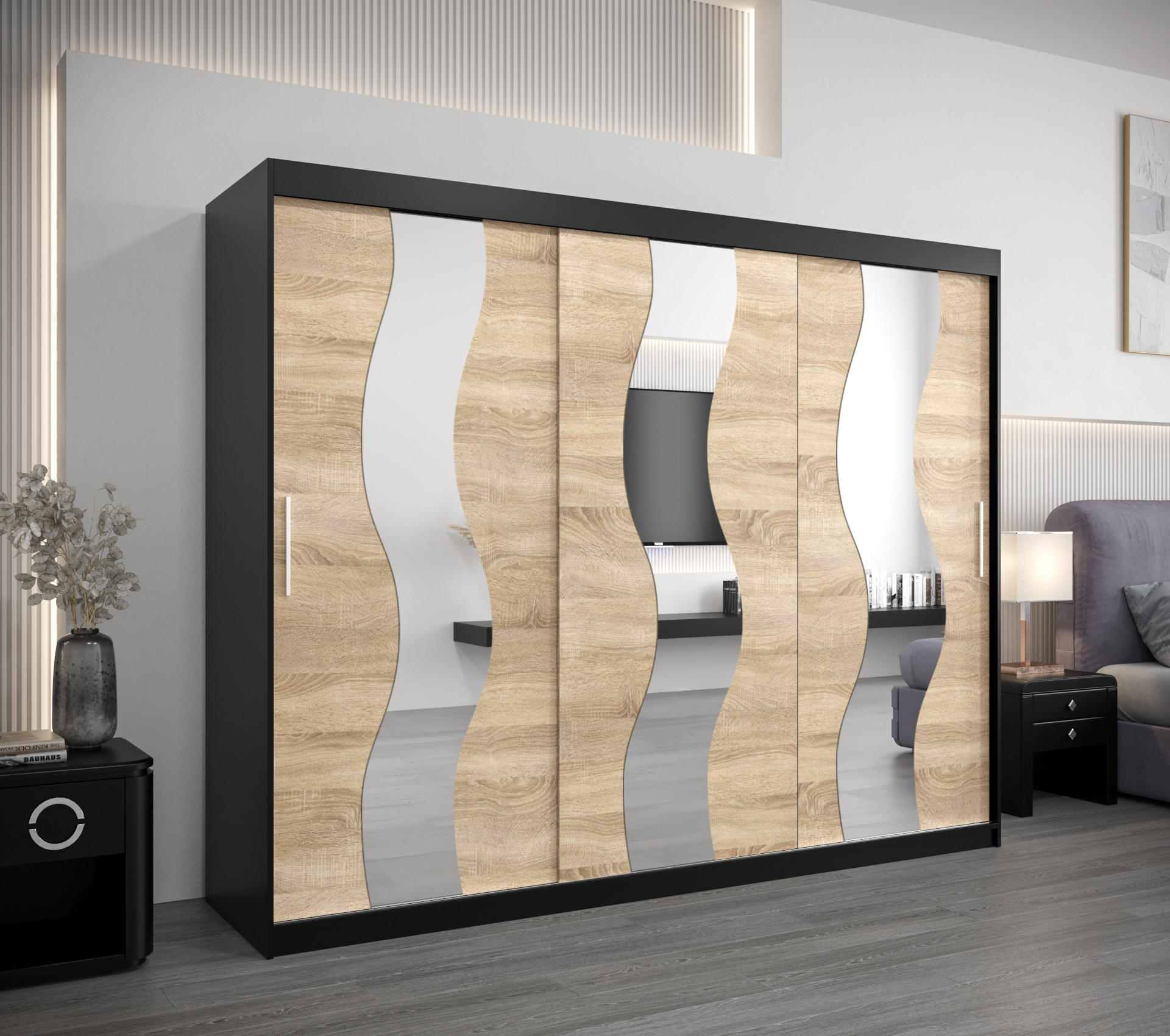 SCHWEBETÜRENSCHRANK 200/250/62 2-türig - Silberfarben/Schwarz, Holz/Kunststoff (250/200/62cm) - Abiks Möbel