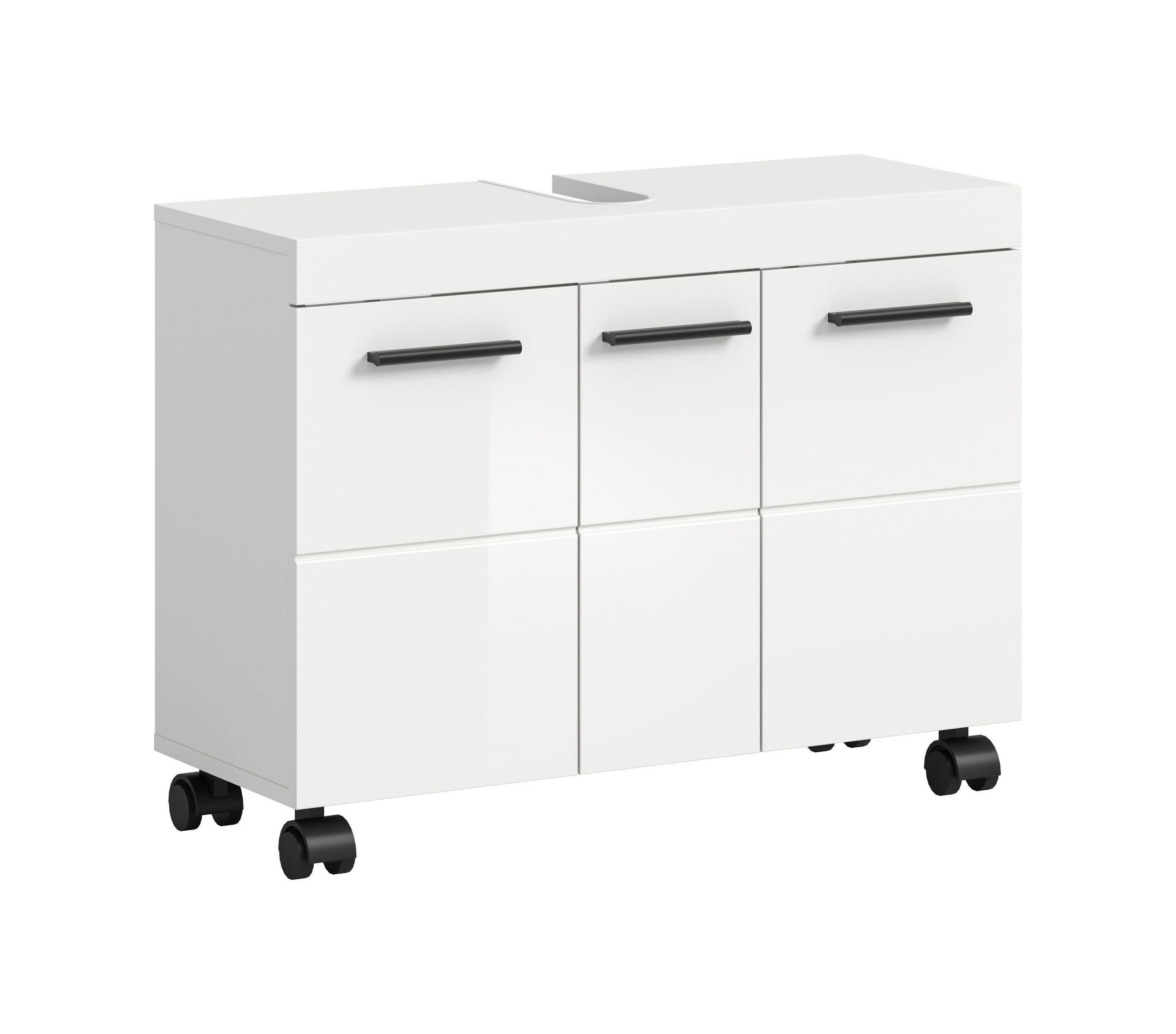 WASCHBECKENUNTERSCHRANK auf Rollen NOVA (B/H/T: ca. 80/58/30 cm) in Weiß/weiß hochglanz - Weiß, Holzwerkstoff (80/58/30cm)