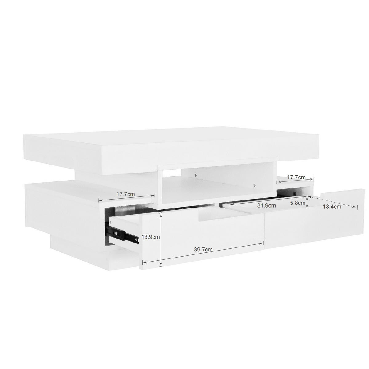 COUCHTISCH, Weiß Hochglanz auf Spanplatte, integrierte LED, 4 Schubladen & 3 offene Fächer, 80/50/36 cm, Weiß - Weiß, Holzwerkstoff (80/50/36cm) - Redom