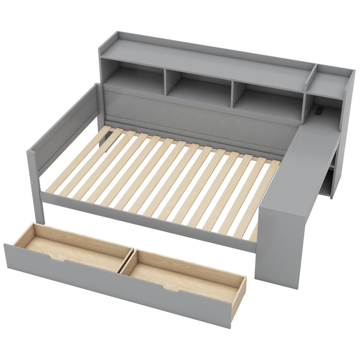 DJEČJI krevet od iverice 90x200 cm sivi s USB priključkom, utičnicom, stolom, 2 ladice i prostorom za odlaganje - siva, drvni materijal (90/200cm) - Modfu