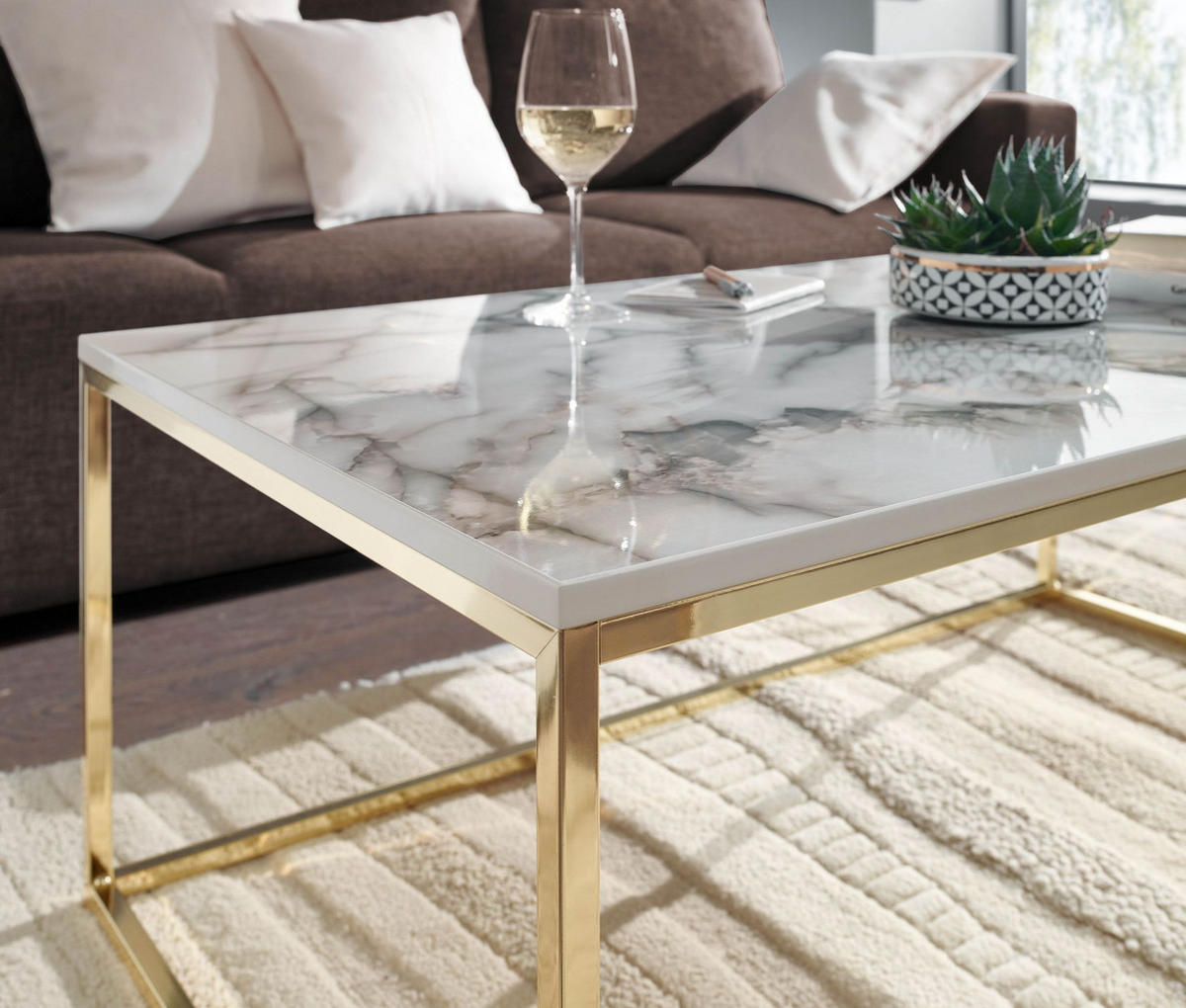 COUCHTISCH mit Marmor-Optik, Metallbeine, rechteckig, Serie MARBRIX, Weiß 100x60x40 cm - Goldfarben/Weiß, Holz/Metall (60/100/40cm) - KADIMA DESIGN