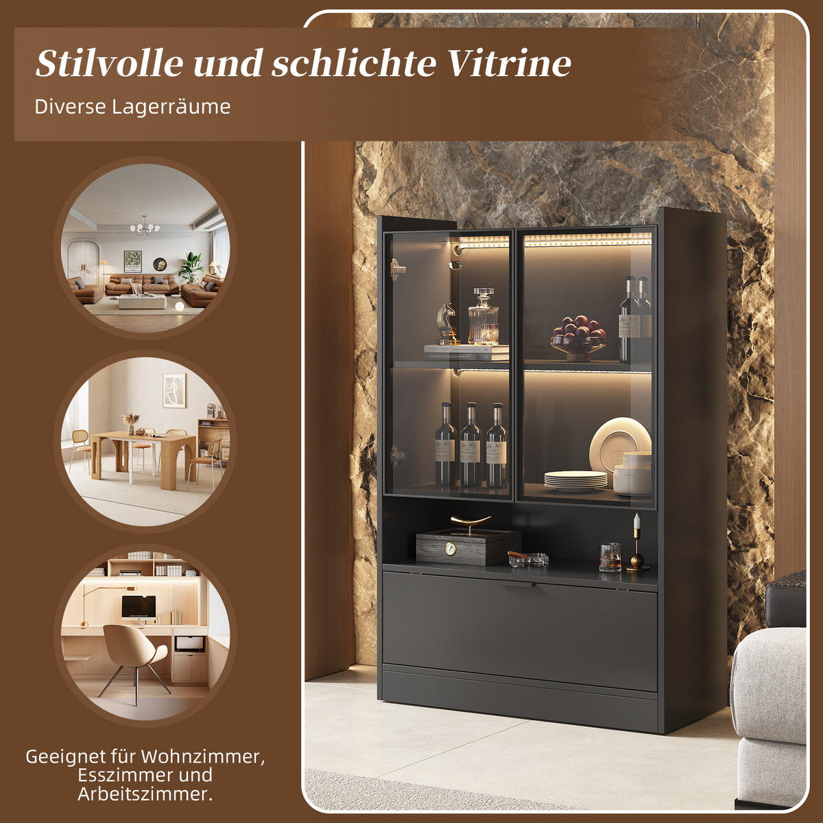 VITRINE 35/80/120 cm schwarz matt aus Spanplatte mit Glas und LED - Schwarz, Holzwerkstoff (80/120/35cm) - OKWISH