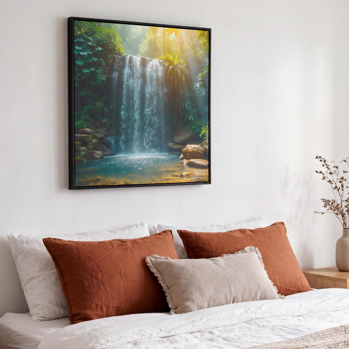 LEINWAND Bilder mit Rahmen - Wasserfall - Dschungel - Sonne - Grün - Natur - 50x50 - Grün, Textil (50/50cm) - MuchoWow