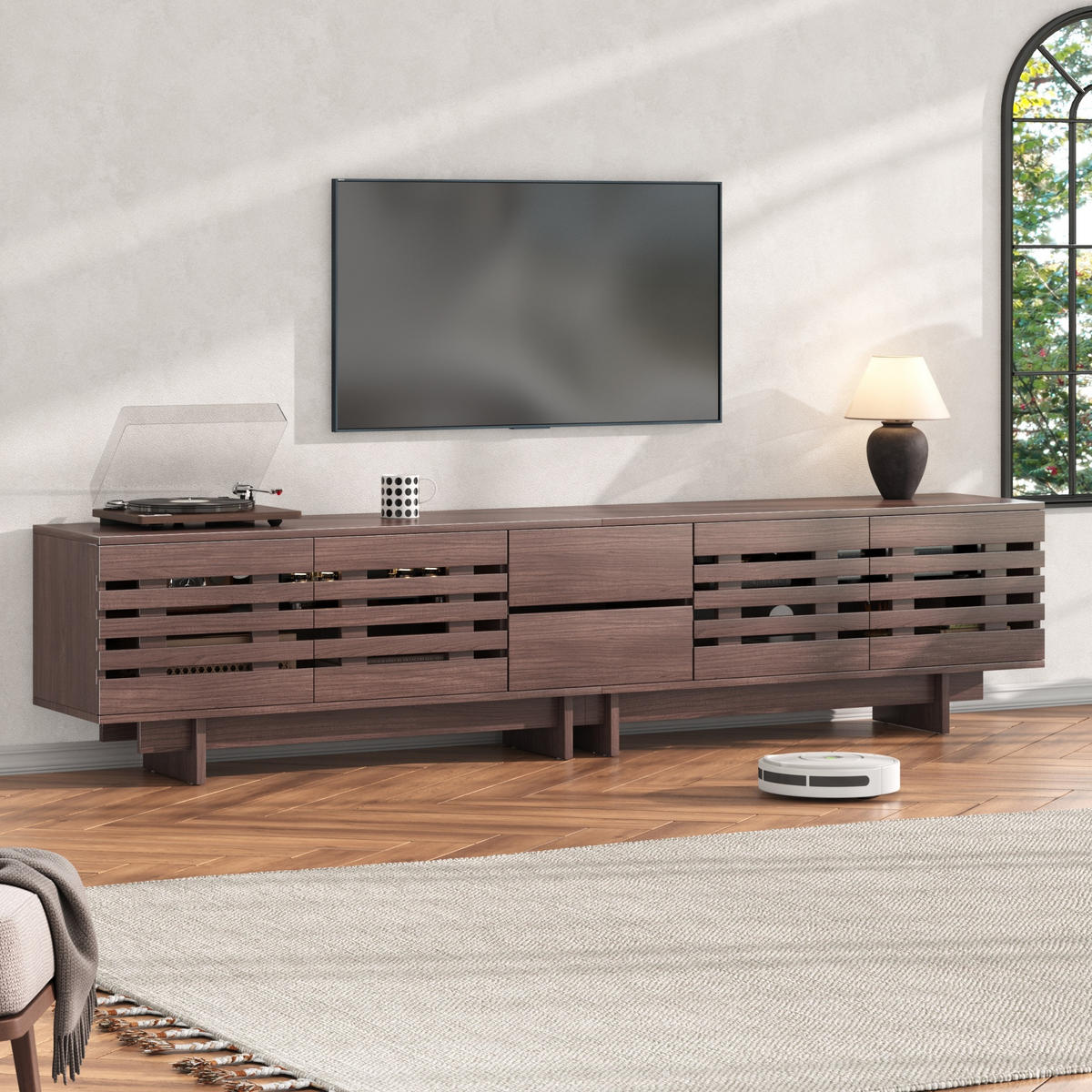 TV-ELEMENT200X39,5X55CM Walnussfarben für 80-Zoll-Fernseher mit Holzlamellen - Walnussfarben, Holz (46/19/113cm) - Raelunyi