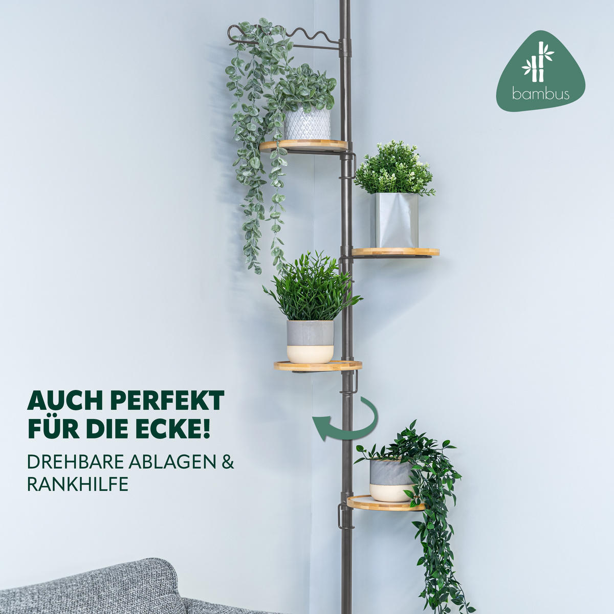 TELESKOP-BLUMENSÄULE mit 4 Bambusablagen, grau - Grau, Metall (53/290/20cm) - bremermann