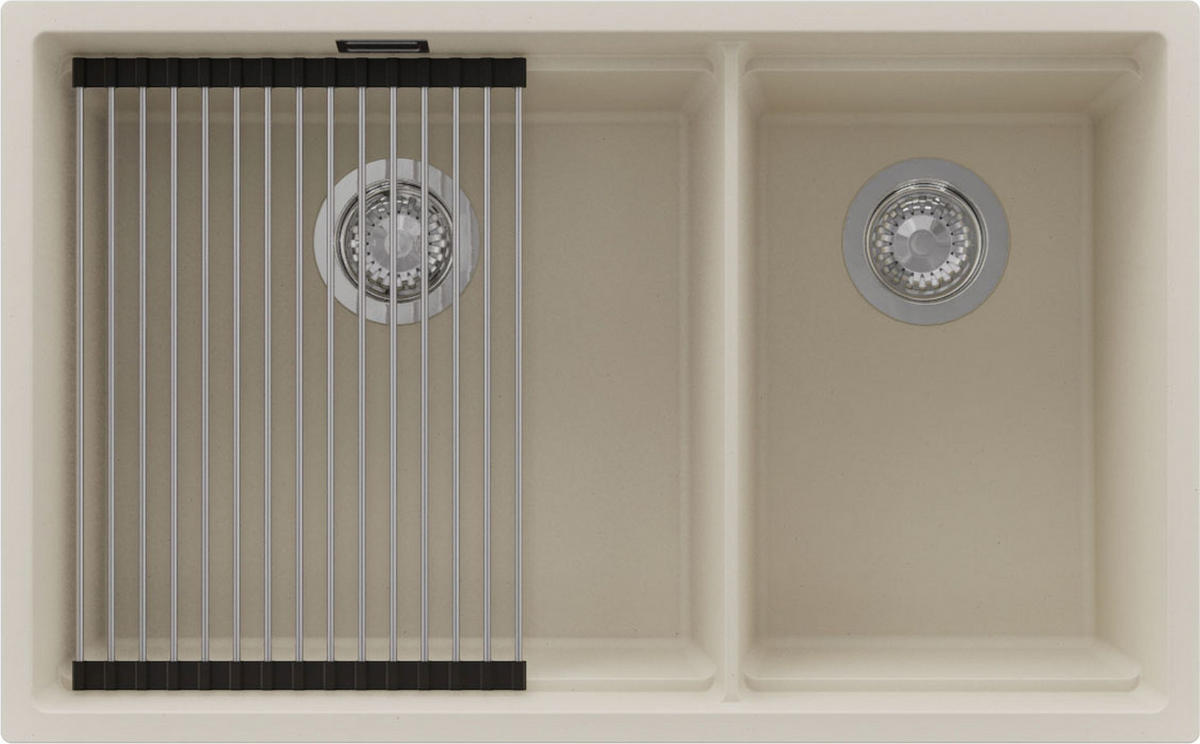 SPÜLBECKEN Praga Slim Duo, 2-er set Beige 76/47 cm 2 Becken + Ablauf-Set + Aufrollbare Abtropffläche ab 80er Unterschrank - Chromfarben/Beige, Kunststoff (76/20/47cm) - Primagran