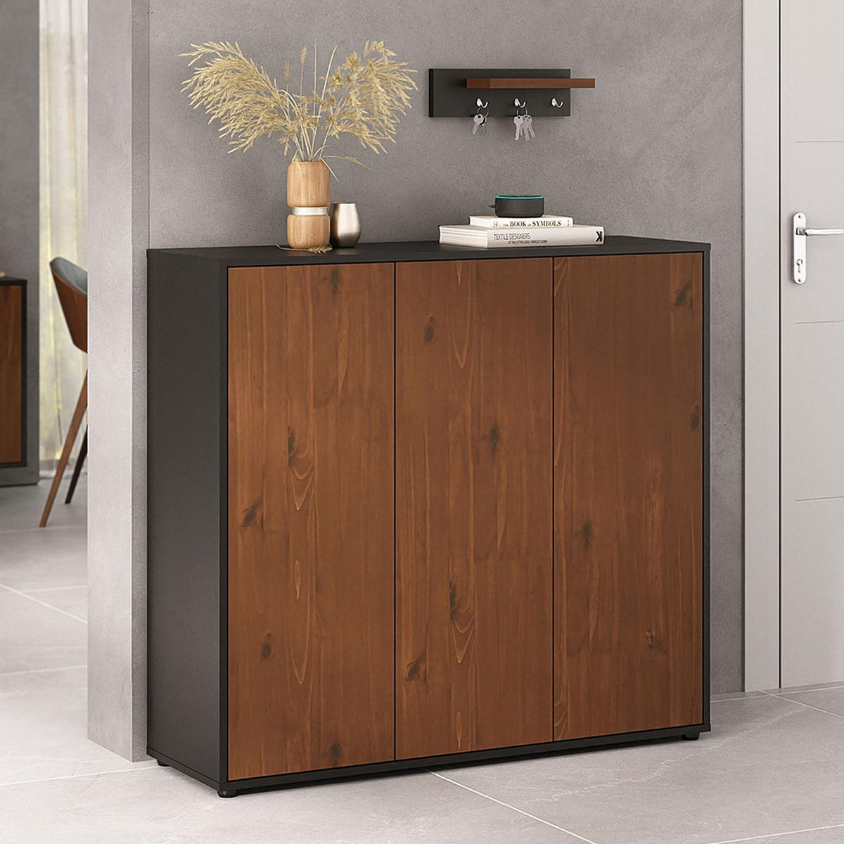 SCHUHSCHRANK MIRAN schwarz/Kastanie - Kastanienfarben/Schwarz, Holz (109/100/35cm) - IDIMEX