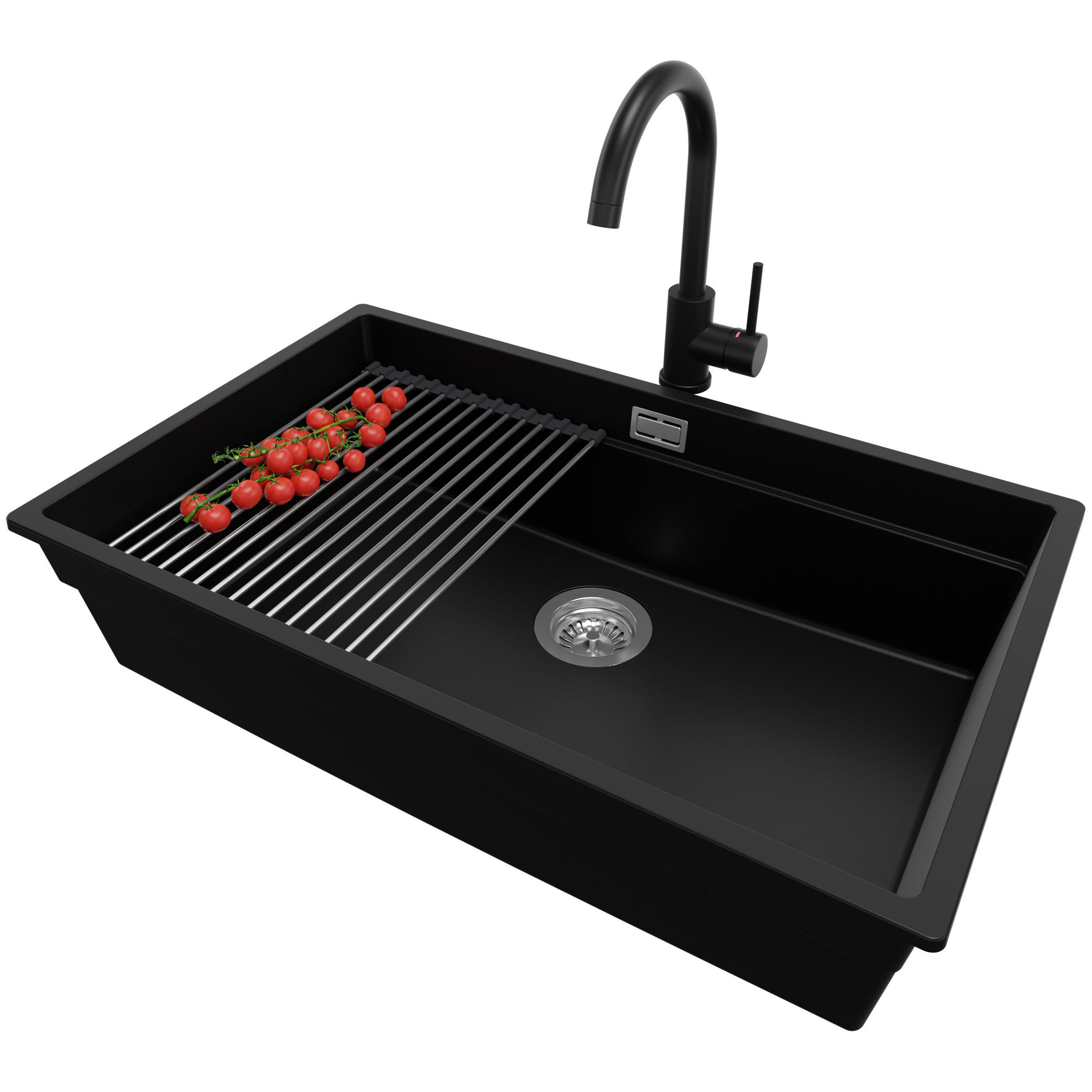 GRANITSPÜLE Praga Slim, 2-er set Schwarz 76/47 cm 1 Becken + Küchenarmatur 32/20 cm + Ablauf-Set + Aufrollbare Abtropffläche ab 80er Unterschrank - Chromfarben/Schwarz, Kunststoff (76/20/47cm) - Primagran