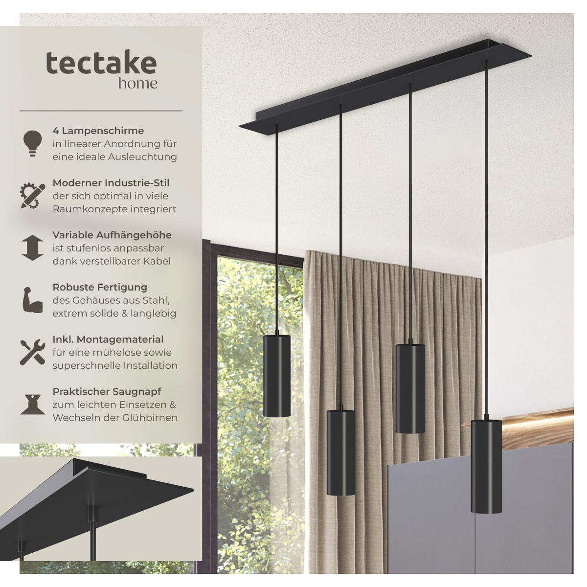 HÄNGELEUCHTE Lumea,75 x 9 x 146 cm ,schwarz - Schwarz, Metall (9/75/146cm) - tectake