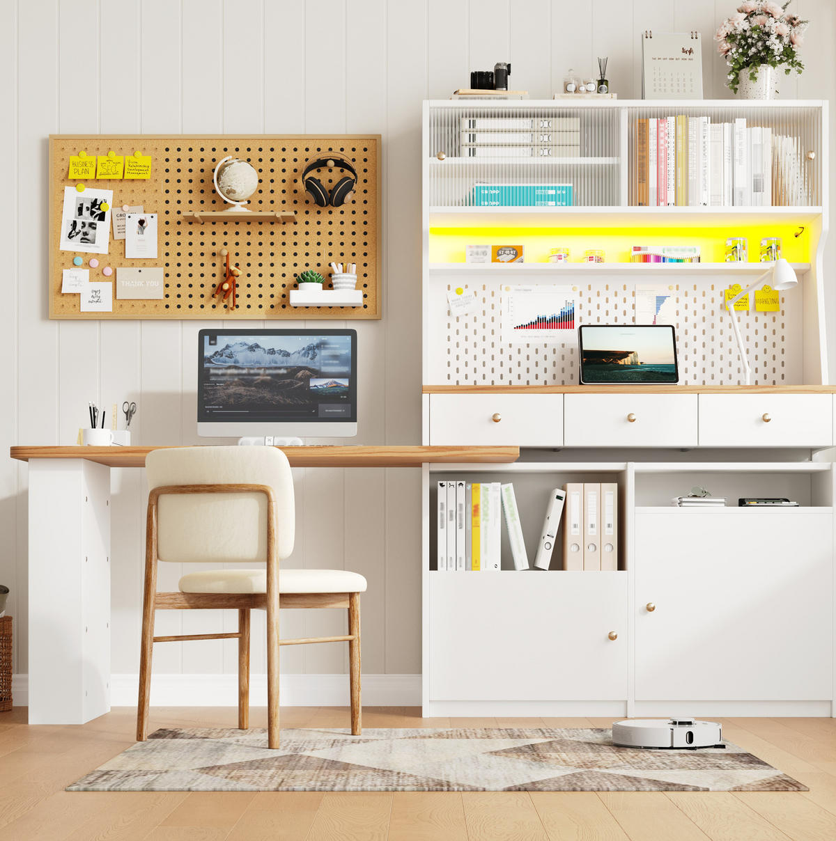 BUFFETSCHRANK 137/45/178 cm, Weiß mit Holzoptik-Tischplatte, Acryl-Schiebetür und ausziehbarer Tischplatte, LED-App-Steuerung - Goldfarben/Weiß, Holzwerkstoff/Metall (137/178/45cm) - Redom
