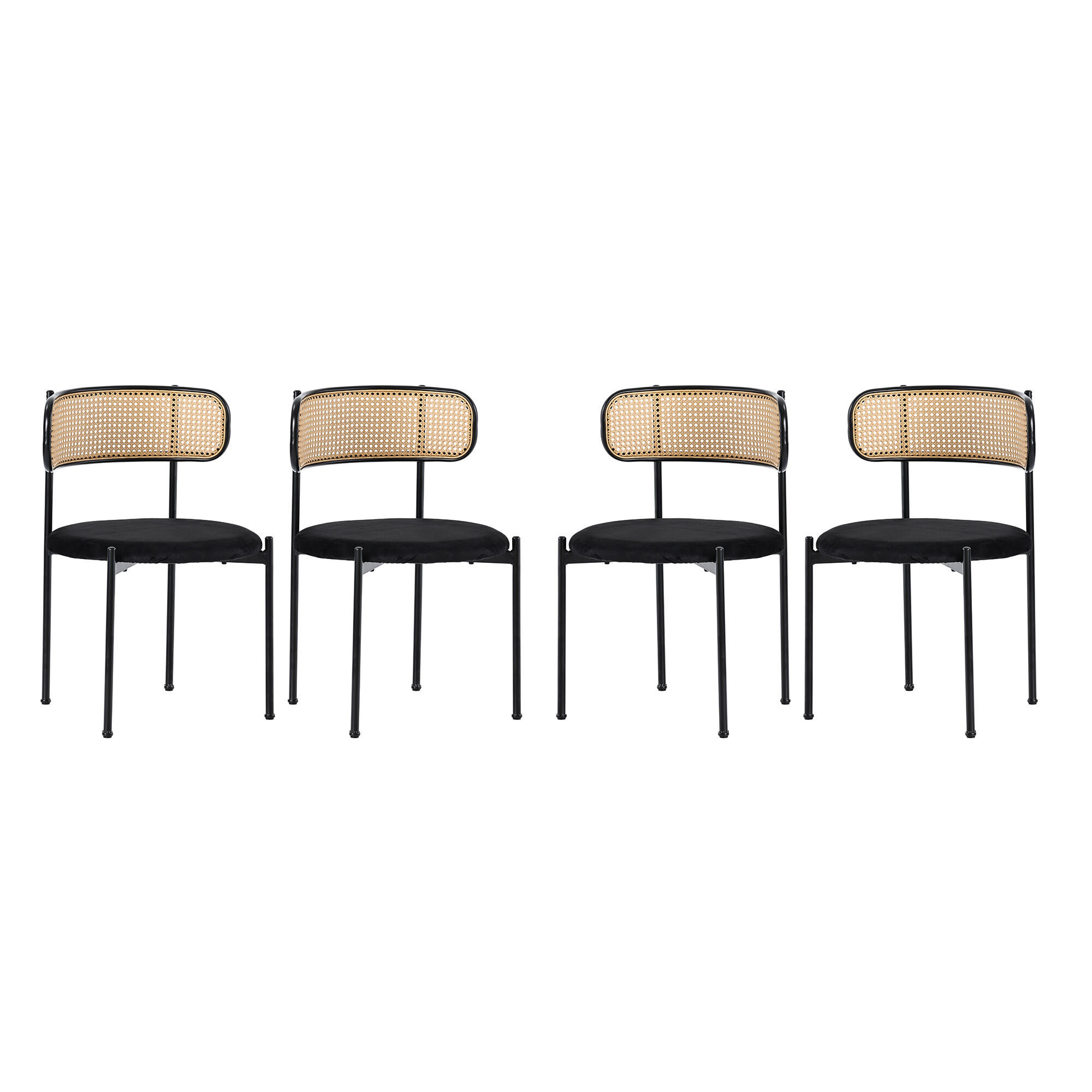 STUHL 4er-Set mit Rattan-Rückenlehne und schwarzem Samtsitz - Schwarz, Holzwerkstoff/Textil (51/75/51cm) - Urban Meuble