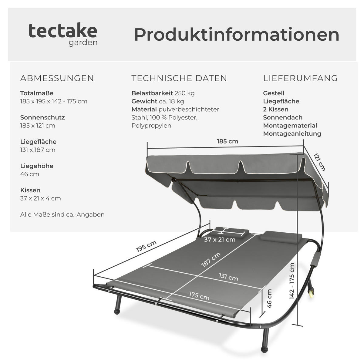GARTENLIEGE Livorno,215 x 183 x 150 cm,schwarz/grau - Schwarz/Grau, Kunststoff (185/175/195cm) - tectake
