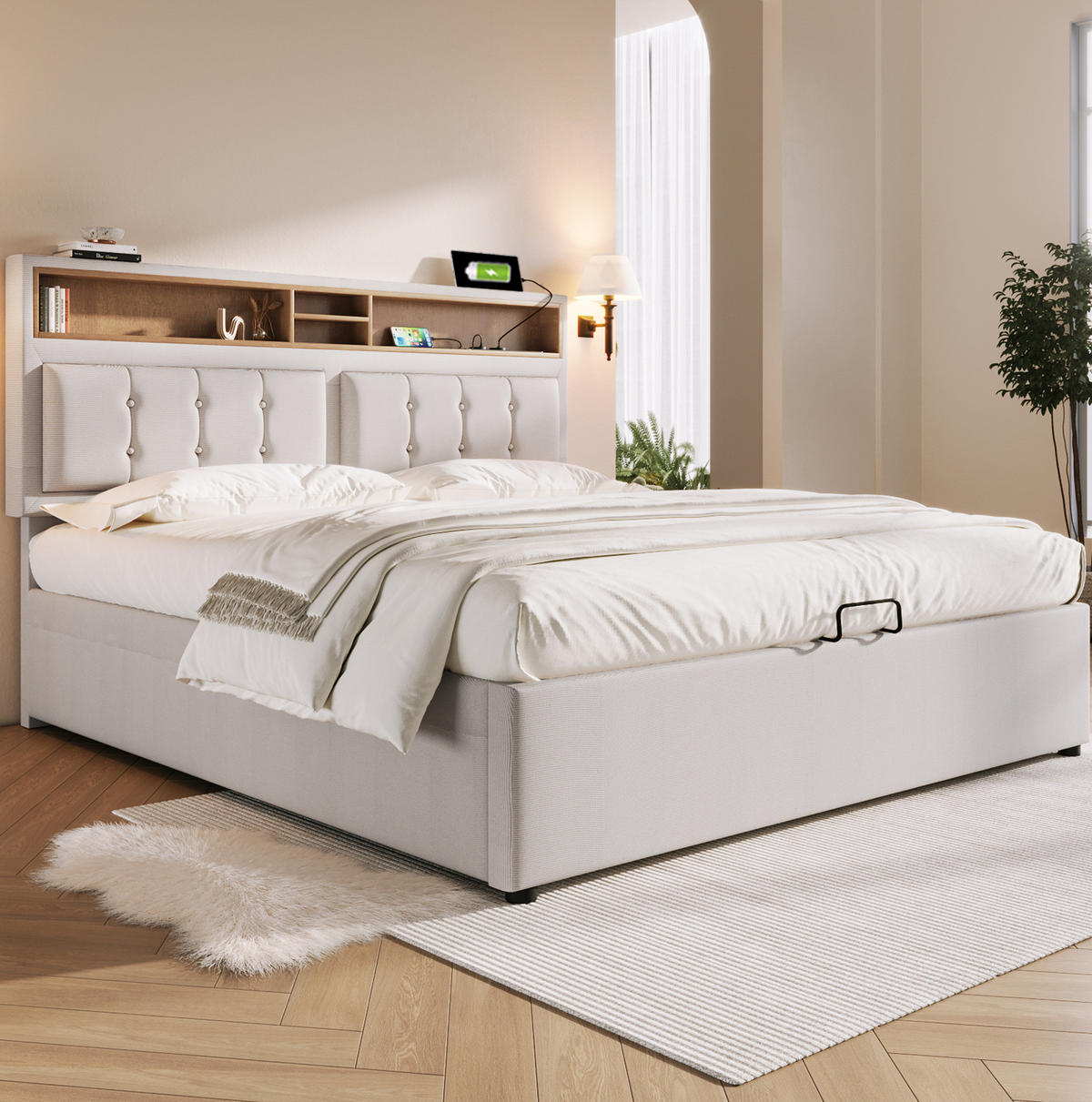 BETT mit Stauraum & USB/Type-C 140x200 cm Leinen Beige - Beige, Metall (140/200cm) - Meubliv