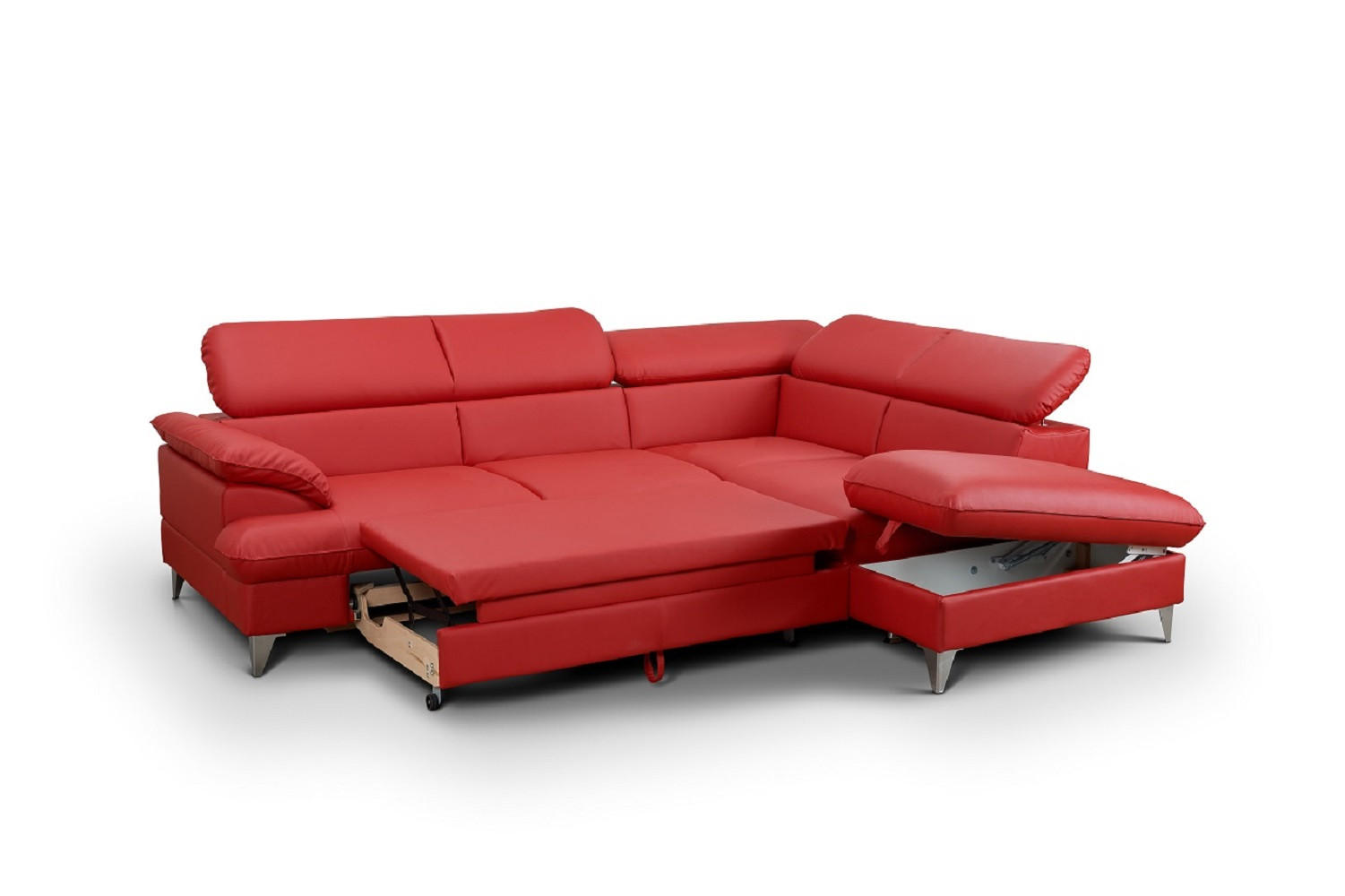 ECKSOFA mit Schlaffunktion und Bettkasten, verstellbare Kopfstützen - Chromfarben/Rot, Textil/Metall (208/256cm) - Cotta