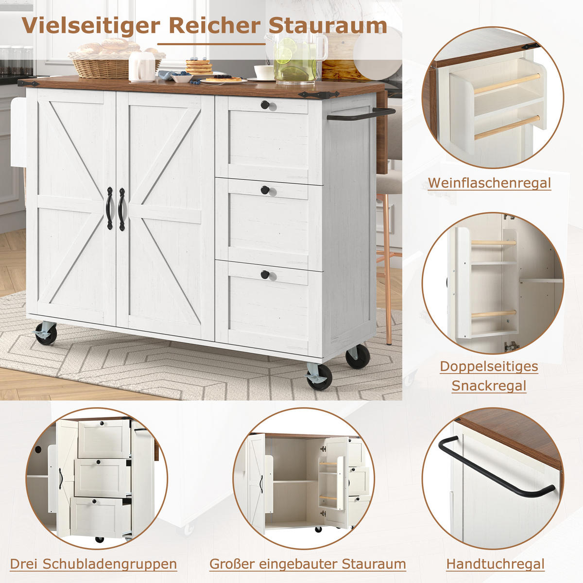KÜCHENINSEL 140/45/92,5 cm beige mit klappbarer Arbeitsplatte - Weiß, Holzwerkstoff (140/92.5/73cm) - OKWISH