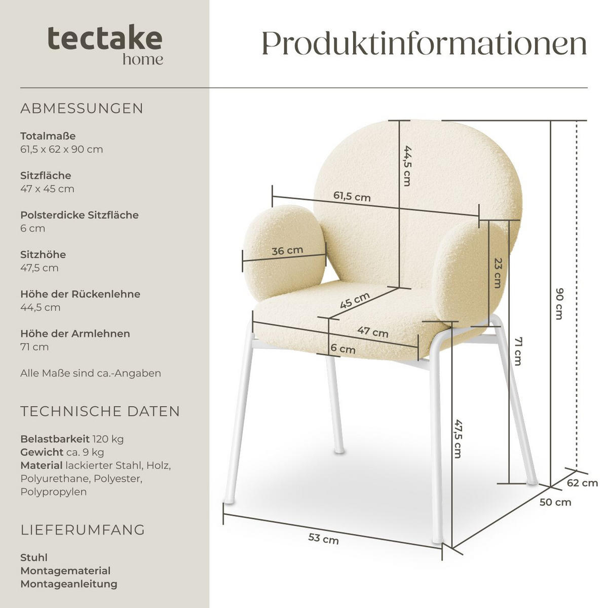 STUHL 1er Set Scandi Belastbarkeit 120 kg 61 5 x 62 x 90 - Creme, Kunststoff (62/90/61.5cm) - tectake