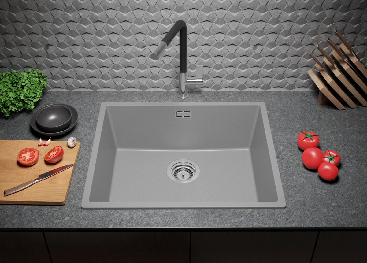 GRANITSPÜLE London Slim, 2-er set Grau 56/47 cm 1 Becken + Küchenarmatur 40/20 cm + Ablauf-Set ab 60er Unterschrank - Chromfarben/Grau, Kunststoff (56/20/47cm) - Primagran