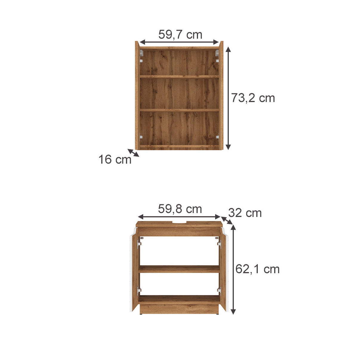 BADMÖBEL-SET Lotta Eiche/Weiß mit Kachelstruktur 2 Teile - Eichefarben/Weiß, Holzwerkstoff (59.8/62.1/32cm) - Vicco