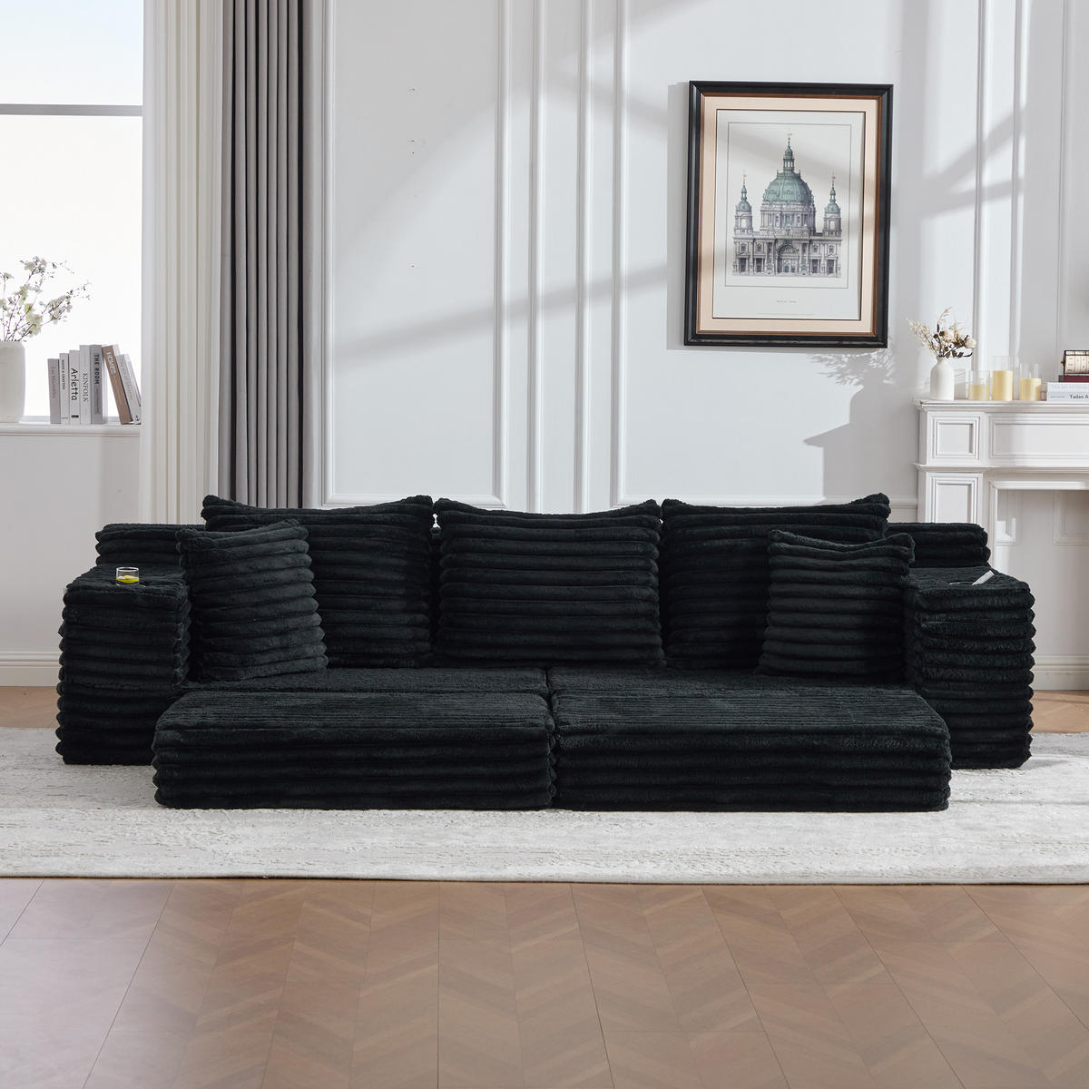 SCHLAFSOFA aus Cord mit Getränkehaltern und Kissen, Schwarz - Schwarz, Textil (107.48/34.25/38.58cm)
