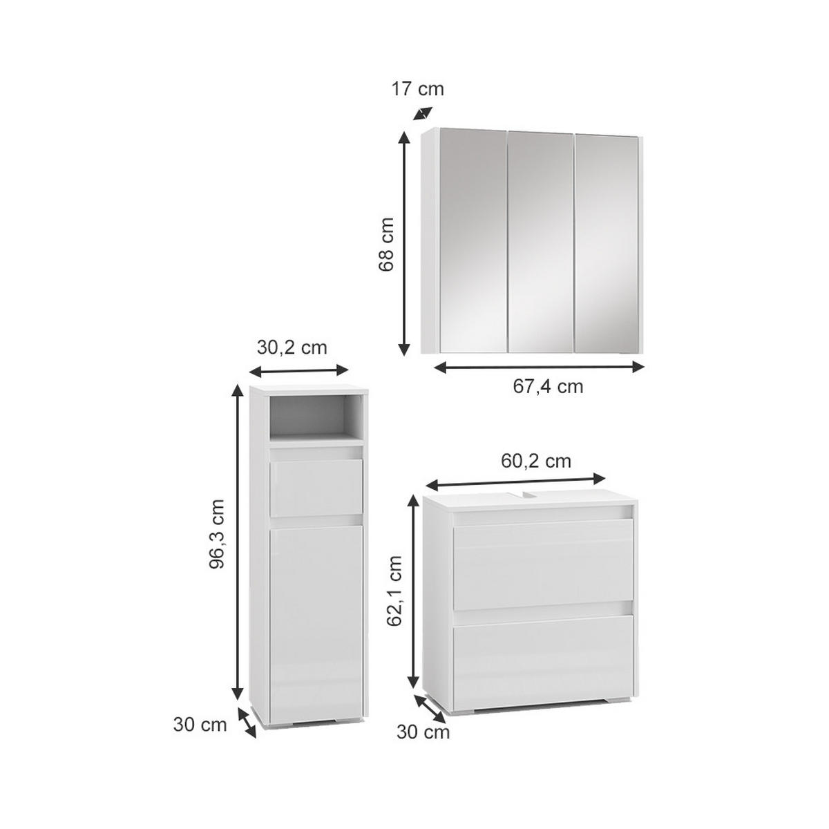 BADMÖBEL-SET Majest Weiß 3 Teile - Weiß Hochglanz/Weiß, Holzwerkstoff (60/62/30cm) - Vicco