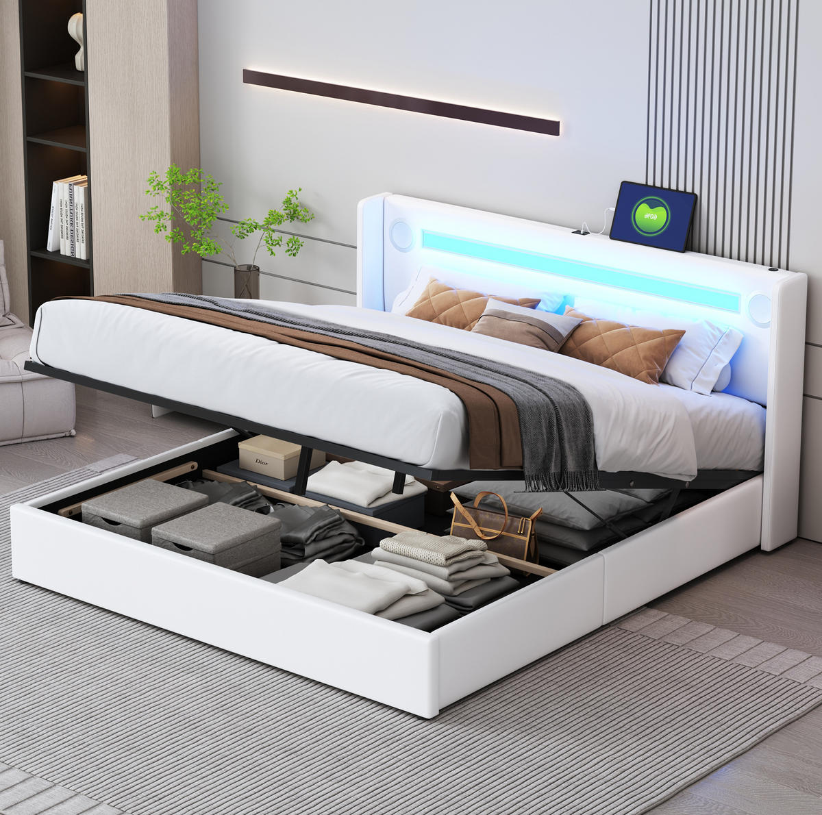 POLSTERBETT aus PU-Leder 160x200 cm Weiß mit LED, Bluetooth, USB und hydraulischem Bettkasten - Weiß, Kunststoff (160/200cm) - Modfu