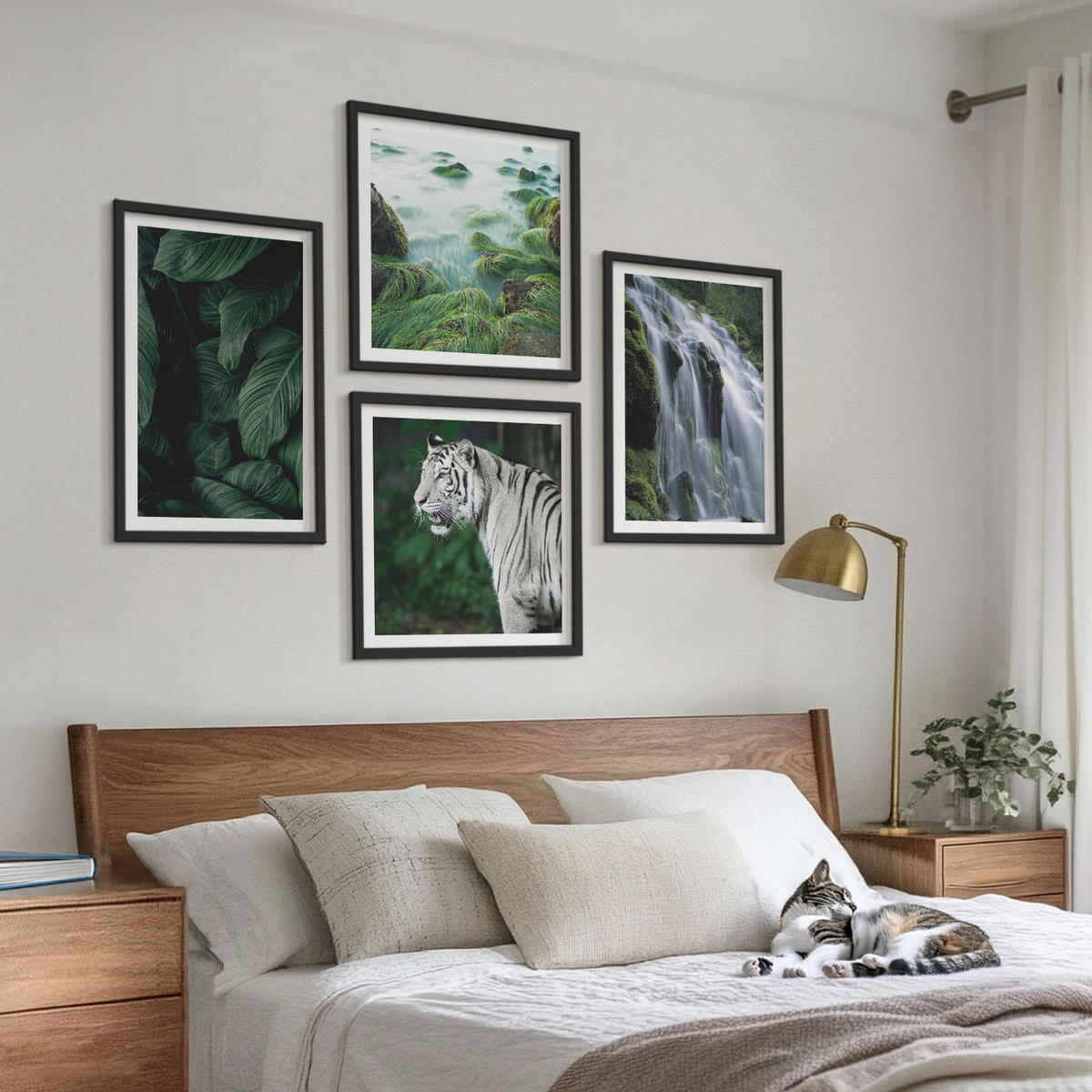 WANDBILDER 4er-Set - 50x50 cm & 40x60 cm Schwarzer Rahmen - Blätter des Weißen Tigerwasserfalls - Schwarz, Kunststoff (50/50cm) - ArtPrintCave