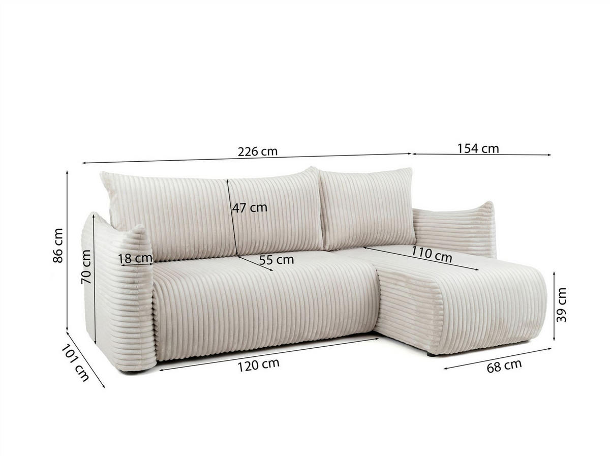 ECKSOFA Mailand Xs Mit Schlaffunktion - Ecru, Holzwerkstoff/Textil (154/226cm) - Fun Möbel